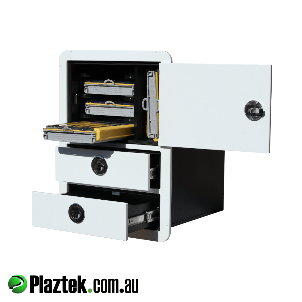 Plaztek boat outfitting 2 drawer with tackle storage. Stainless Steel ball bearing slides and lockable latches. Australian made in Queensland.