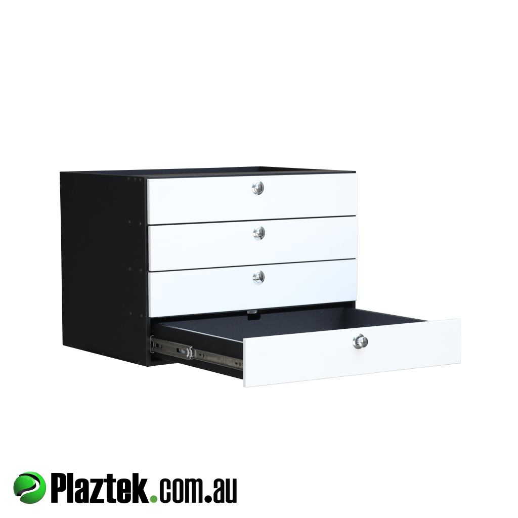 Plaztek 4 drawer has push button chrome latches and run on SS ball bearing slides.