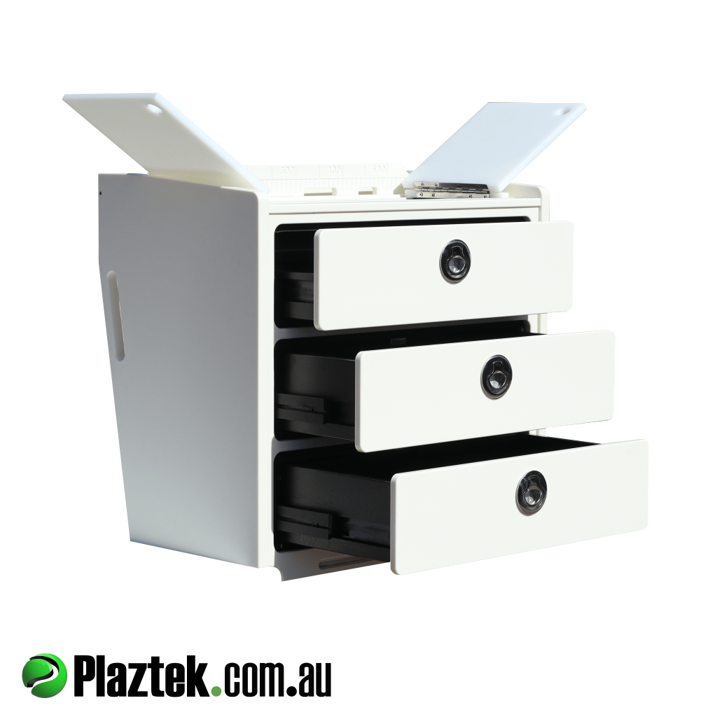 Plaztek bait board has 3 drawers with SS latches. Made in Australia.