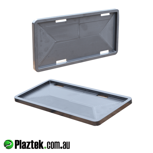 Plaztek custom battery tray holder. Has 4 machine out slots for tie down straps to locate under to hold battery in place. Made in Australia.