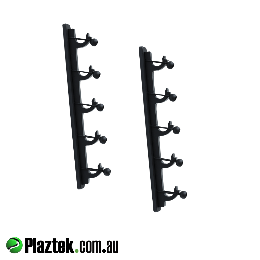 Plaztek boat gaff pole rod holder 5 gang. The 5 gang has 100mm centers giving good clearance between reels. Made in King StarBoard. 