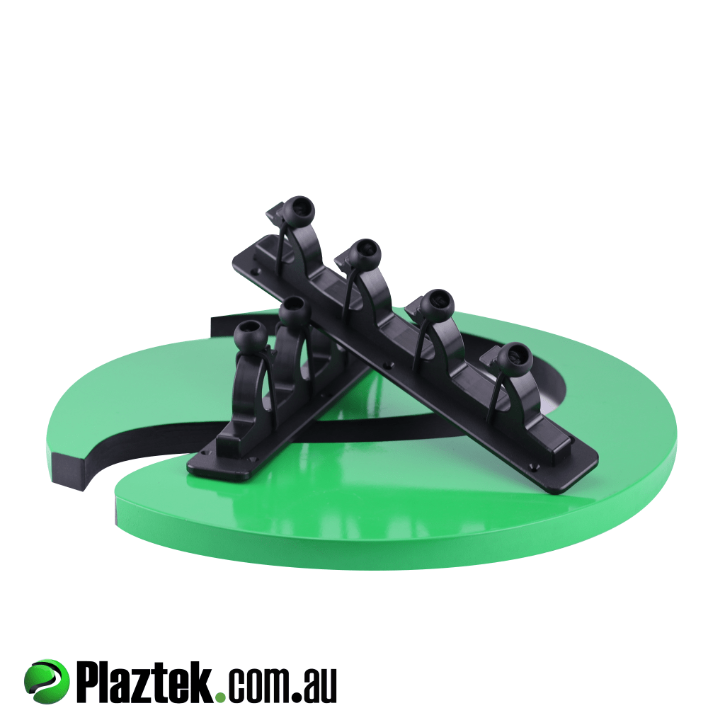 Boat gaff, pole, and rod holder will mount on any flat surface using the backing plate provided. Made from black King StarBoard. 