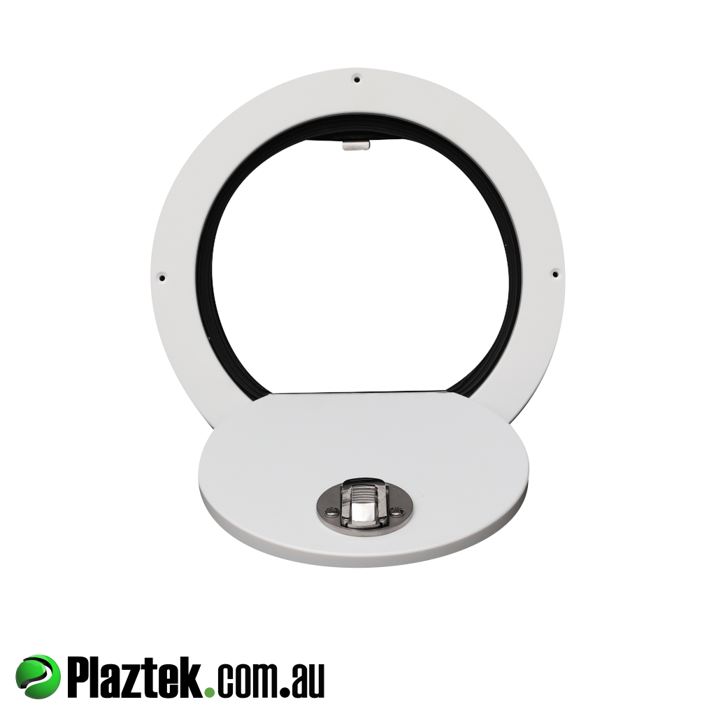 Plaztek round hatches shown with the door open. Made in Australia.