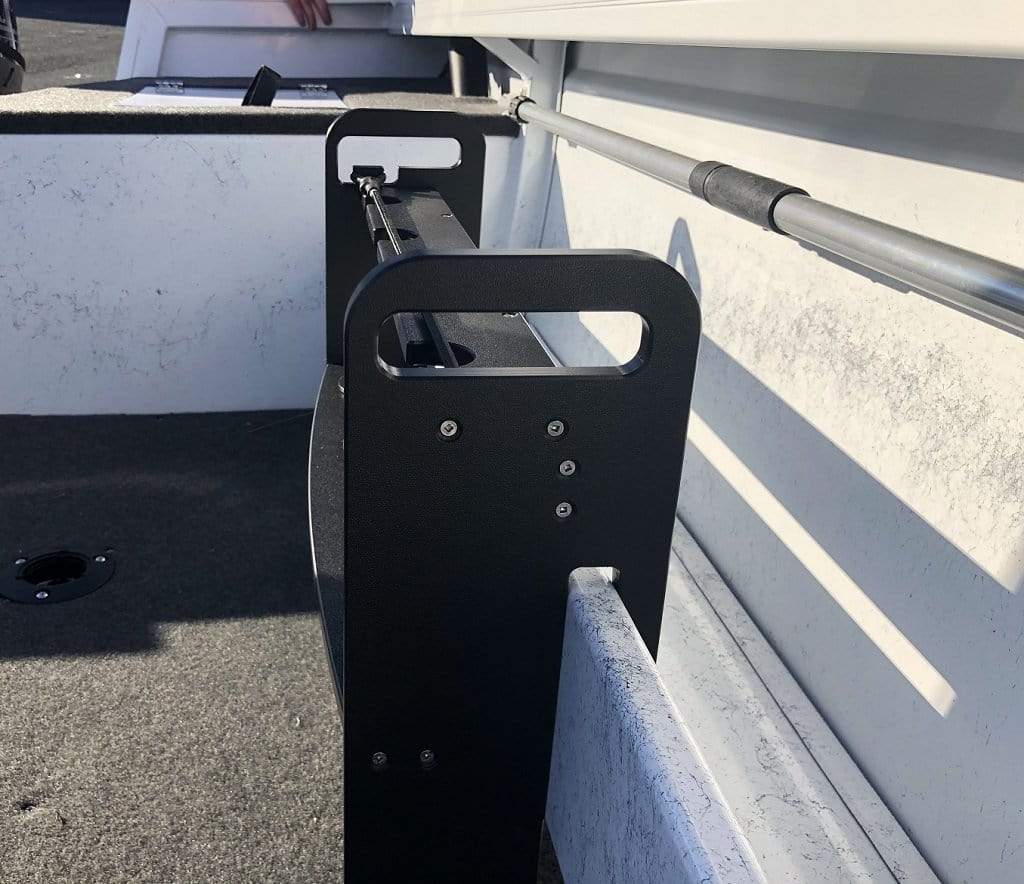 Vertical Fishing Rod Storage for your boat, simply hook over your pocket, holds 4x boat rods, pictured in the colour black.