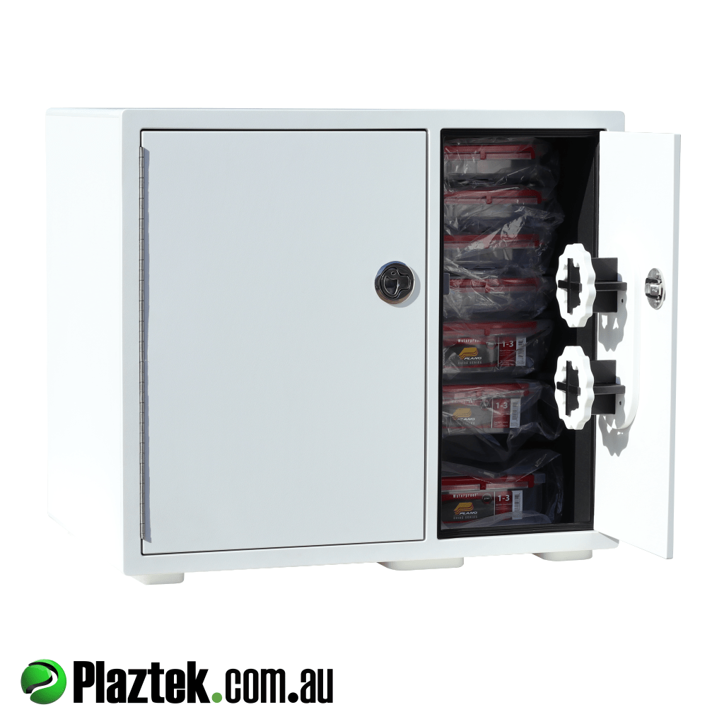 Plaztek custom made tackle storage units. Door open showing double leader holder installed behind the door. Made with King StarBoard.