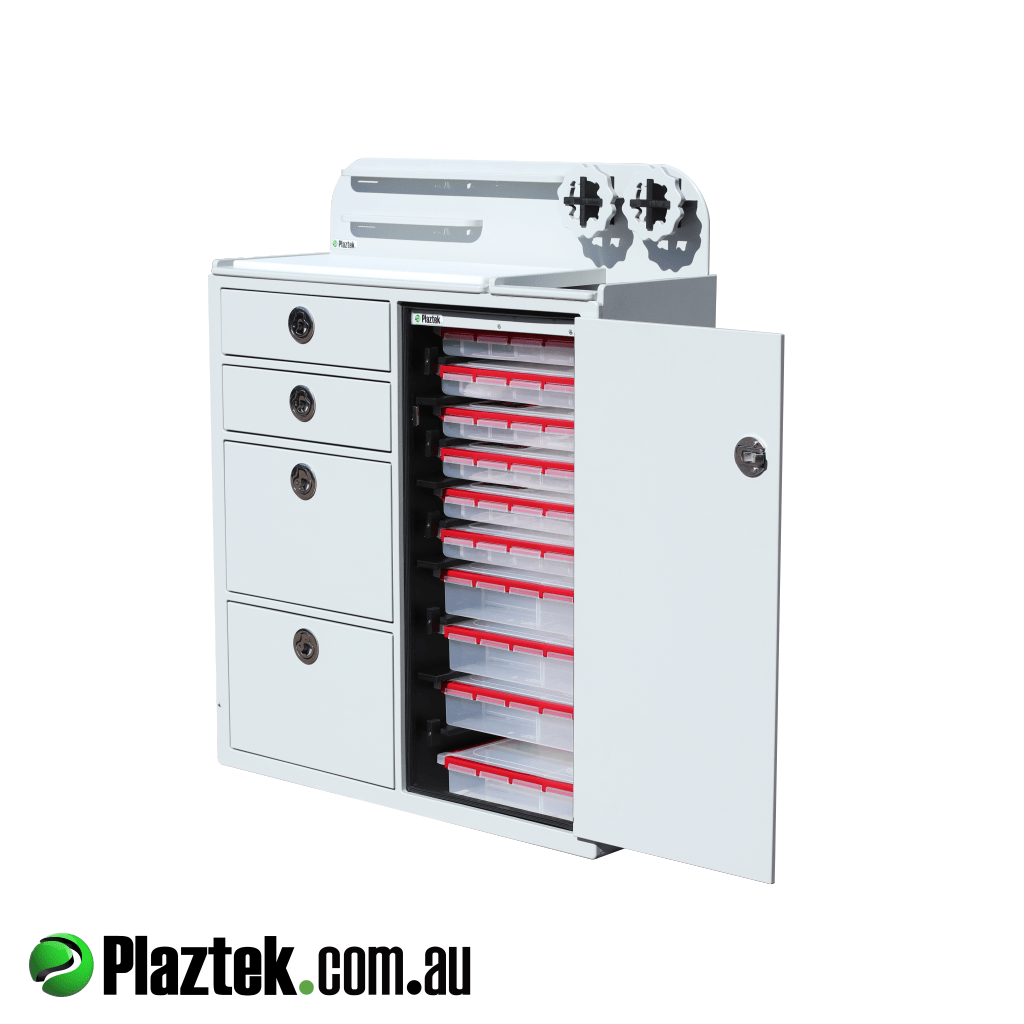 On top of the Plaztek built Cabinet is a multi tool holder so items like knifes and leader can be secured when under way. Made in Australia at Plaztek 