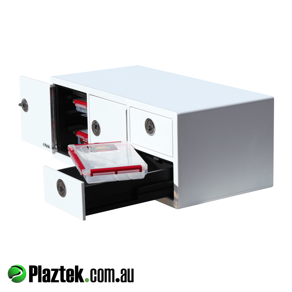 Boat seat box with tackle tray storage. Has 4 x SS locking latches. Drawers and doors all close on marine grade foam rubber seal. Made in Australia.