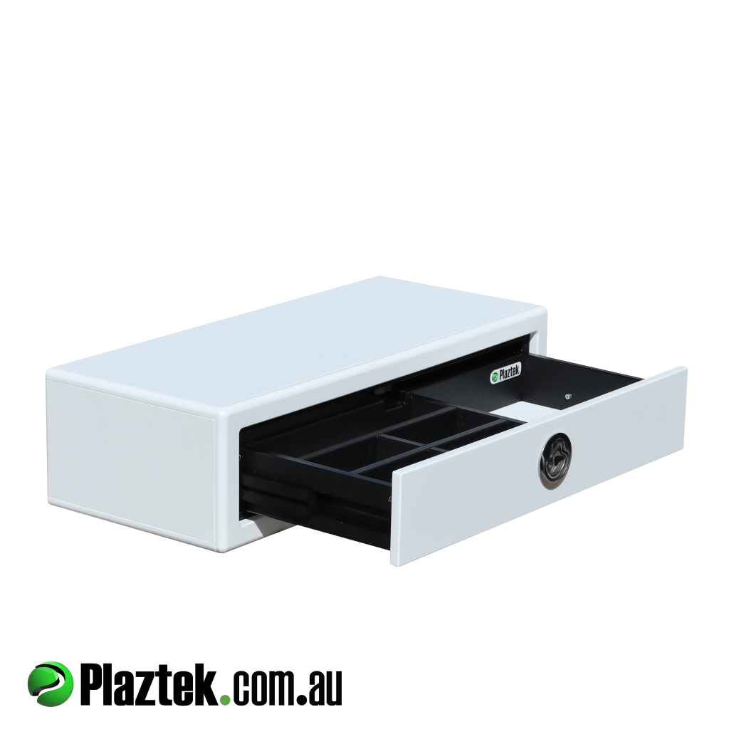 Boat single drawer for under bait board with drawer open showing the dividers for sinkers or lures. Made in White/White King StarBoard.  