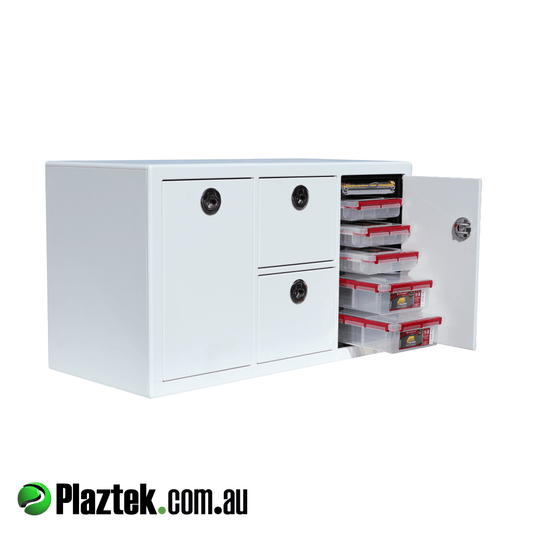 Boat standalone storage unit. Custom made for a Bar Crusher XT730 seat box. Made in White/White King StarBoard.