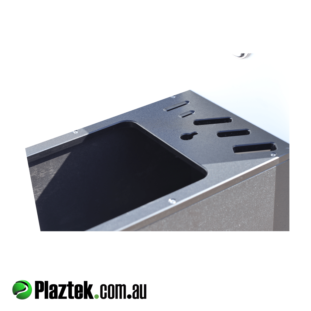 Plaztek custom ideas. Showing where the 15l bin goes and the cut out for items like knifes, and other essential items. Made in Australia.  