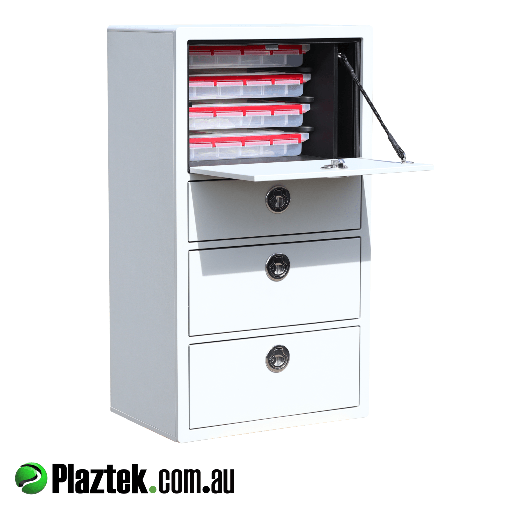 3 drawers and tackle tray storage. This cabinet can hold 4 x 3700 series Plano trays. Made with King StarBoard pictured in Dolphin Grey