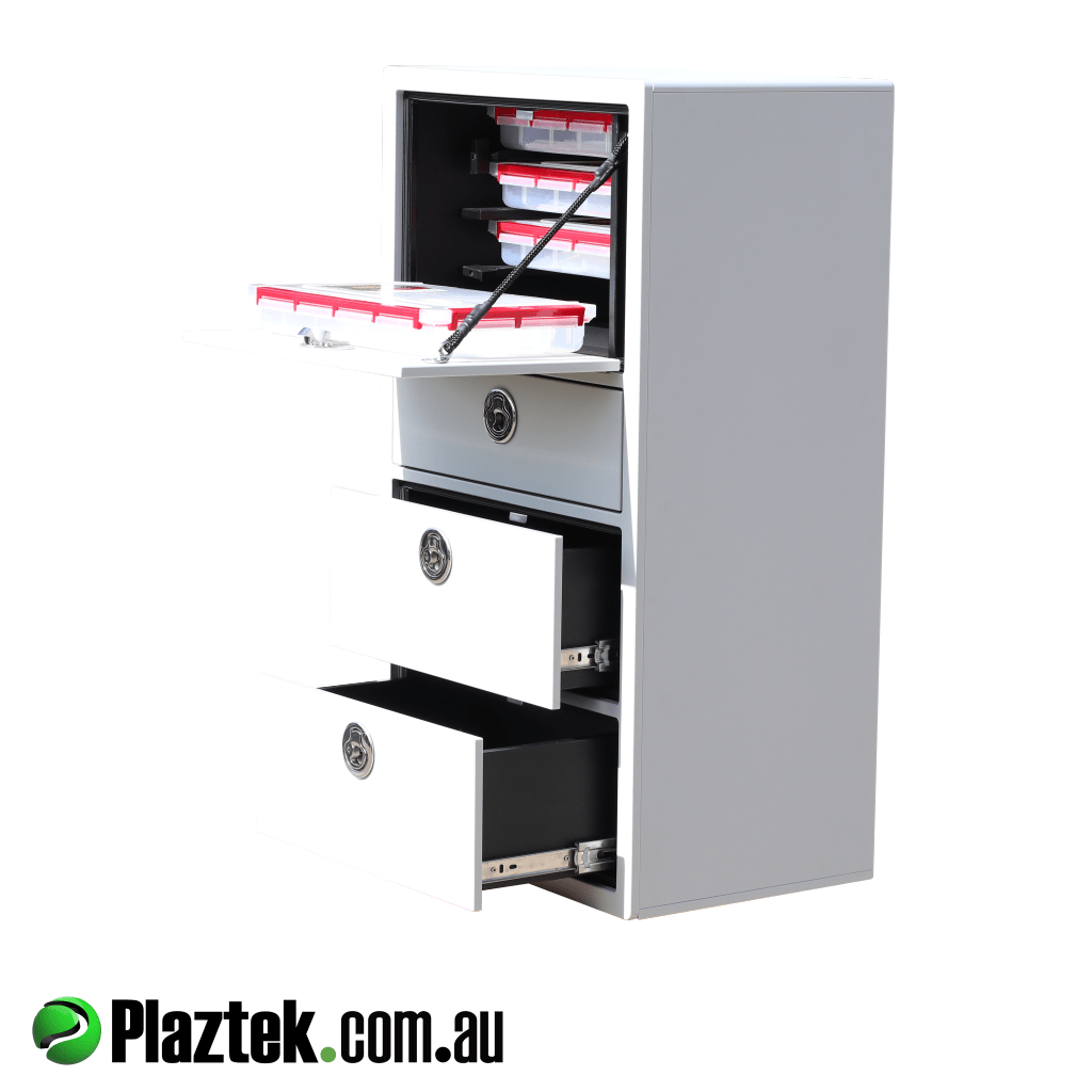 Plaztek tackle storage solutions using King StarBoard. This cabinet has a top door that folds down level and can be used as a shelf. Made in QLD Australia.