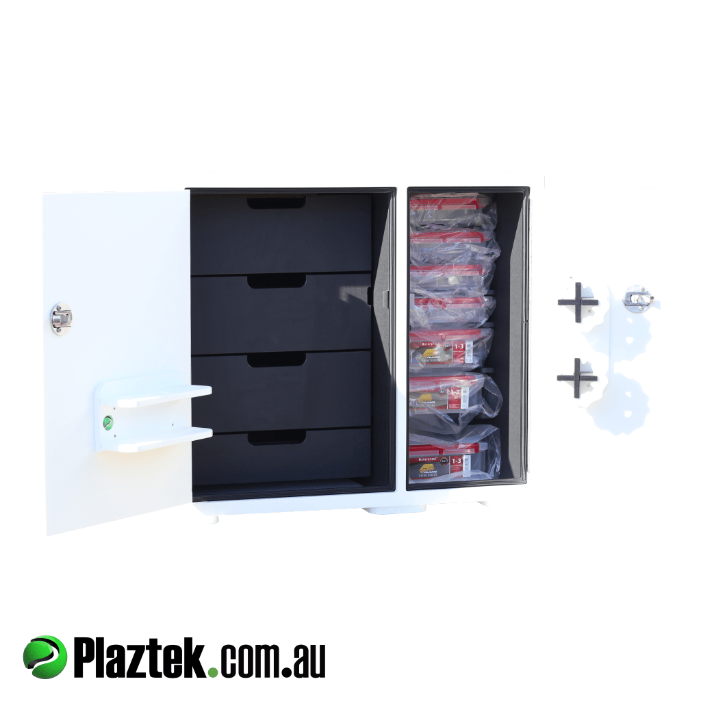 Boat tackle tray with 4 drawers. Both doors open showing 7 Plano tackle trays. Made in Australia.