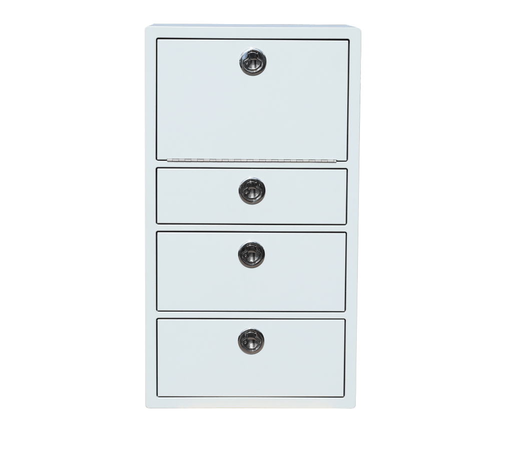 Plaztek custom tackle storage cabinet made in Dolphin Grey with SS locking latches. Made in Australia