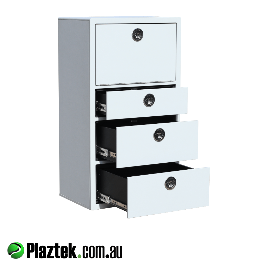Custom made tackle tray storage made in Dolphin Grey King StarBoard. SS ball bearing slides are used on the drawers. Made in Australia
