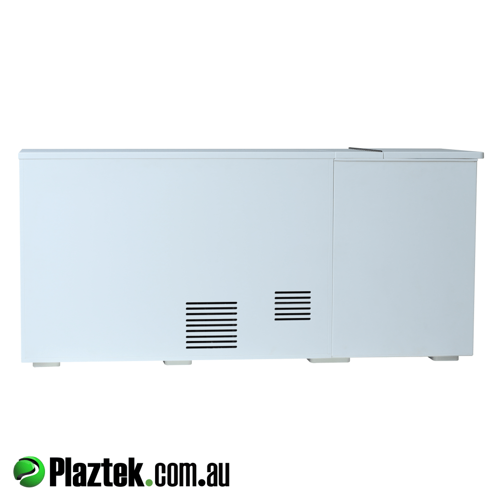 Plaztek custom made boat seat box with 12v fridge. Back of box has machined air vents so the fridge can receive air flow. Made in Australia.