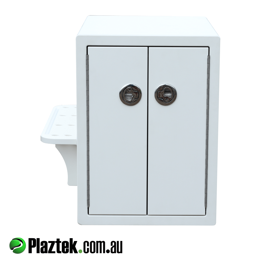 Boat seat box with 2 doors and side 19mm Anti Slip foot rest. Custom sizes available. Made in Arctic White King StarBoard