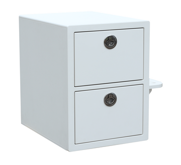 Plaztek boat seat box 2 drawer in Arctic White with stainless steel latches. Made in Australia.