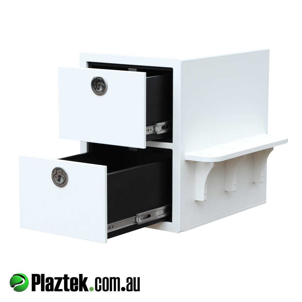 Boat seat box shown with the 2 drawers open running stainless steel ball bearing slides. Made using King StarBoard.