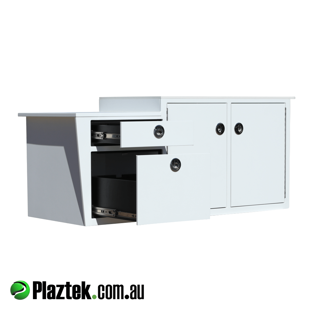 Boat seat box with 2 drawers and tackle. Built in rubbish bin has been built into this boat seat box. Made in Australia.