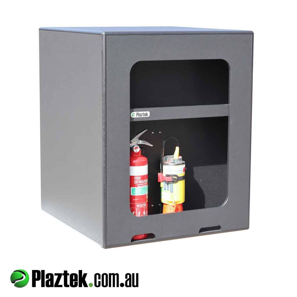 Custom made boat seat box rear view showing a single shelf open void for storage. 100% Made in Australia.