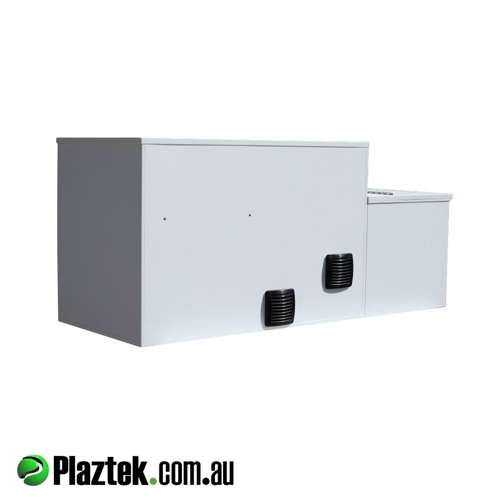 Plaztek-Boat Seat Box With Built In Fridge And Tackle Storage. Back view showing the vents to keep the Isotherm motor cool when in use. Made in Australia using King StarBoard. 