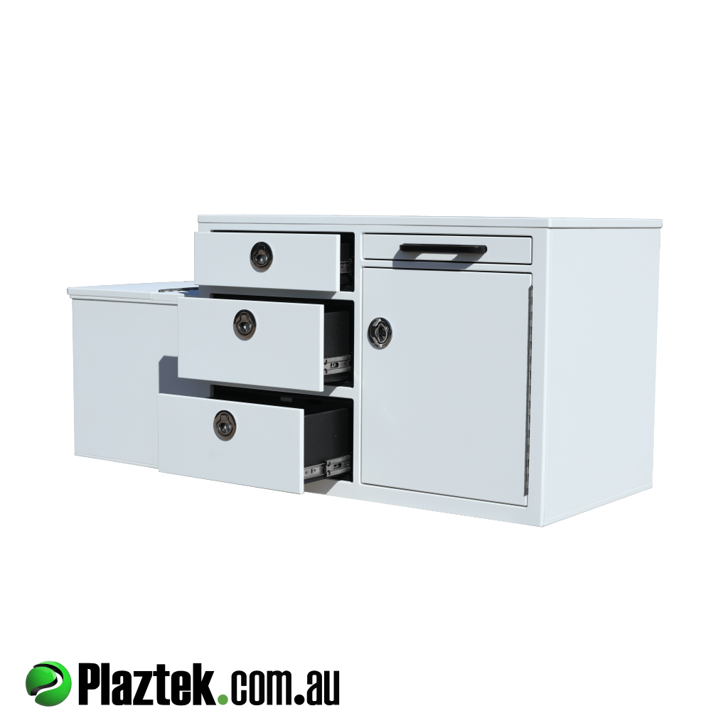 Plaztek-Boat Seat Box Built In Fridge. Has 3 drawers, pull out service tray for prepping. Behind the closed cabinet door is another 2 drawers and landing shelf. Made from white King StarBoard and Made In Australia.