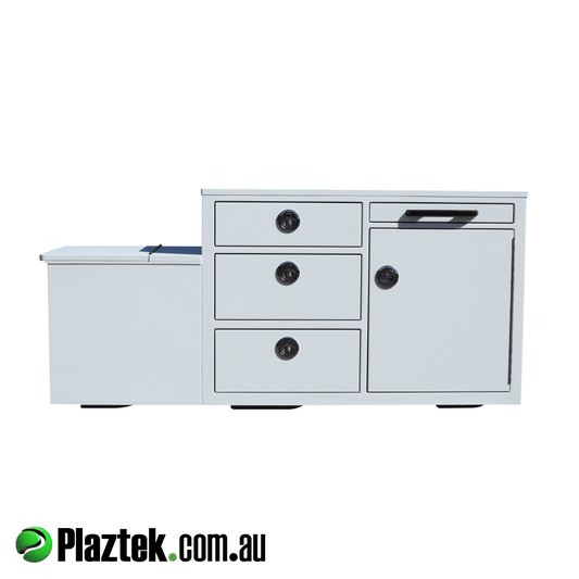 Plaztek-Boat Seat Box With Built In Fridge And Tackle Storage. The 50L fridge along with the drawers offers ample space. Made from King StarBoard. 