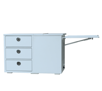 Boat seat box with 76l cooler, 3 drawers and side mounted folding shelf. Made in White/White King StarBoard.