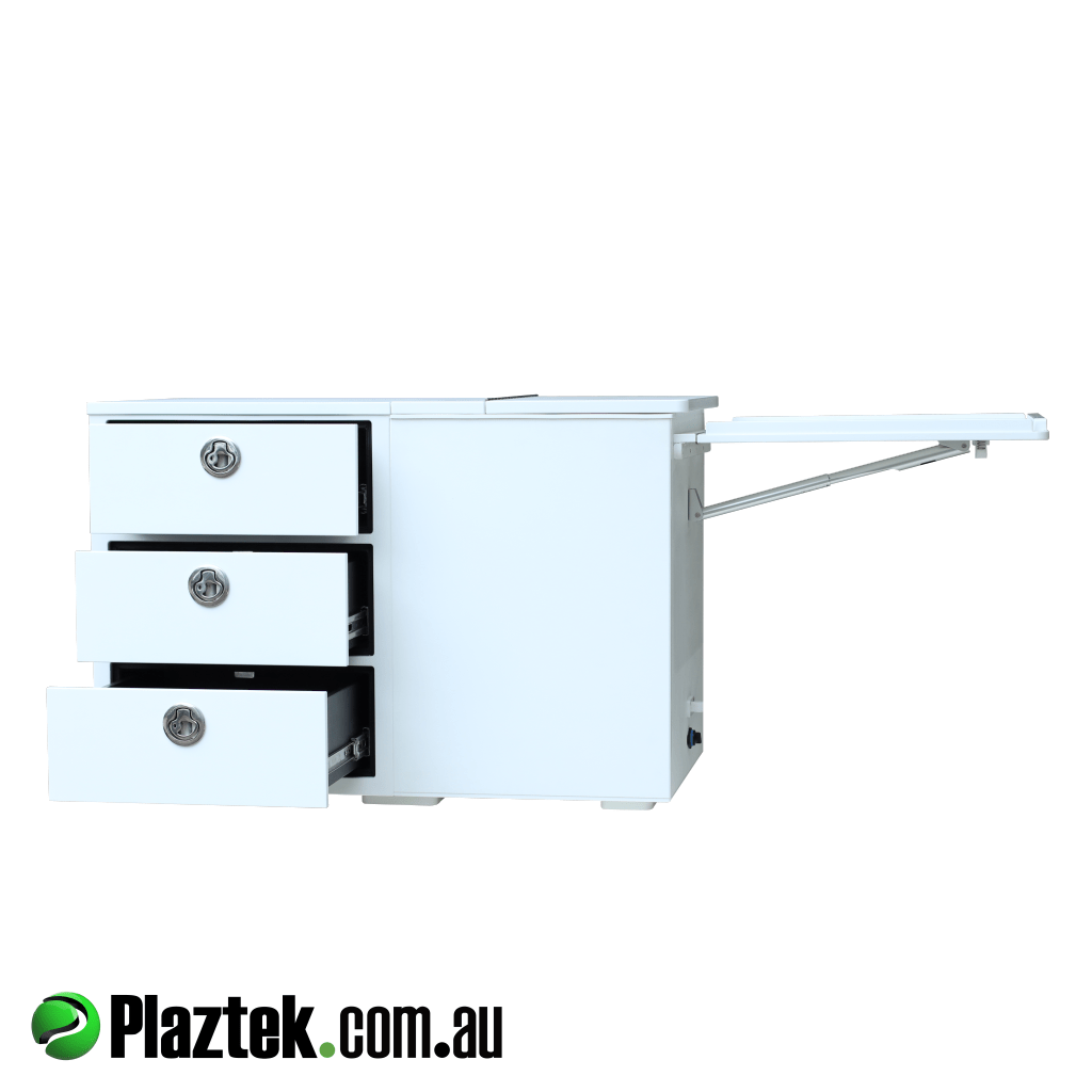 Plaztek made custom boat seat box with folding side shelf. Cooler is 76L and is fully insulated. 100% Australian Made By Plaztek.