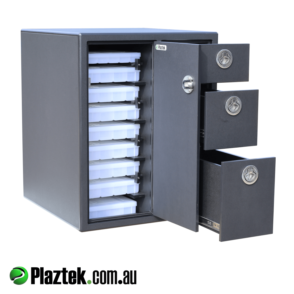 custom boat outfitting tackle storage cabinet holds 9 Plano tackle trays and has 3 drawers. Doors and drawers open. Made with King StarBoard.