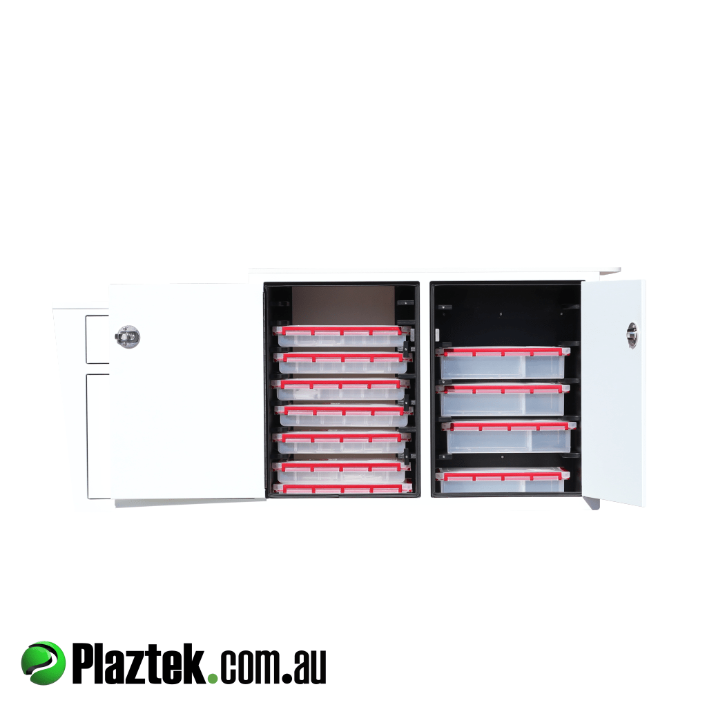 Boat Seat Box shown with the tackle tray cabinet doors open. Bin not shown is located behind the right bank of trays. Made from white white King StarBoard.