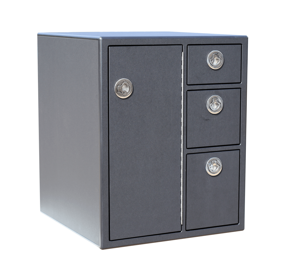 Plaztek Boat Tackle Tray Storage and 3 drawer SAL Standalone cabinet. SS latches fitted. Made in Black King StarBoard. 