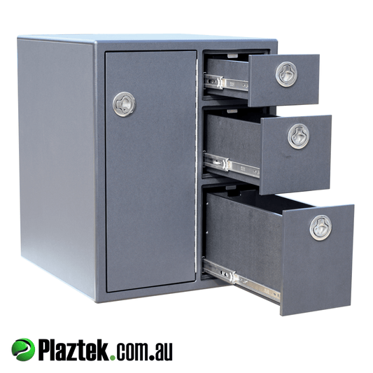 Boat seat box with the bank of 3 drawers open. Drawers run on SS ball bearing slides. Made in Australia