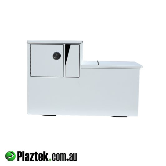 Plaztek-Boat Seat Box With Esky And Tackle Storage. This cabinet will take 4 Plano Tackle Trays and has a pull out Storage Drawer offering more storage. Esky offers 171L and goes under the Tackle Storage. Made from white King StarBoard. Australian Made.