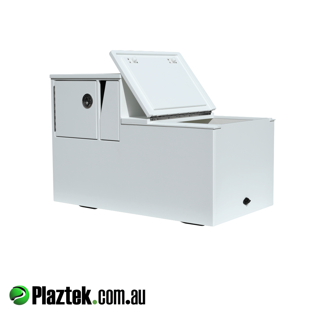 Plaztek-Boat Seat Box With Esky And Tackle Storage . Shown with the 171L Esky door open using 316 S/S Marine Grade Piano hinge. Made from white King StarBoard. Australian Made.