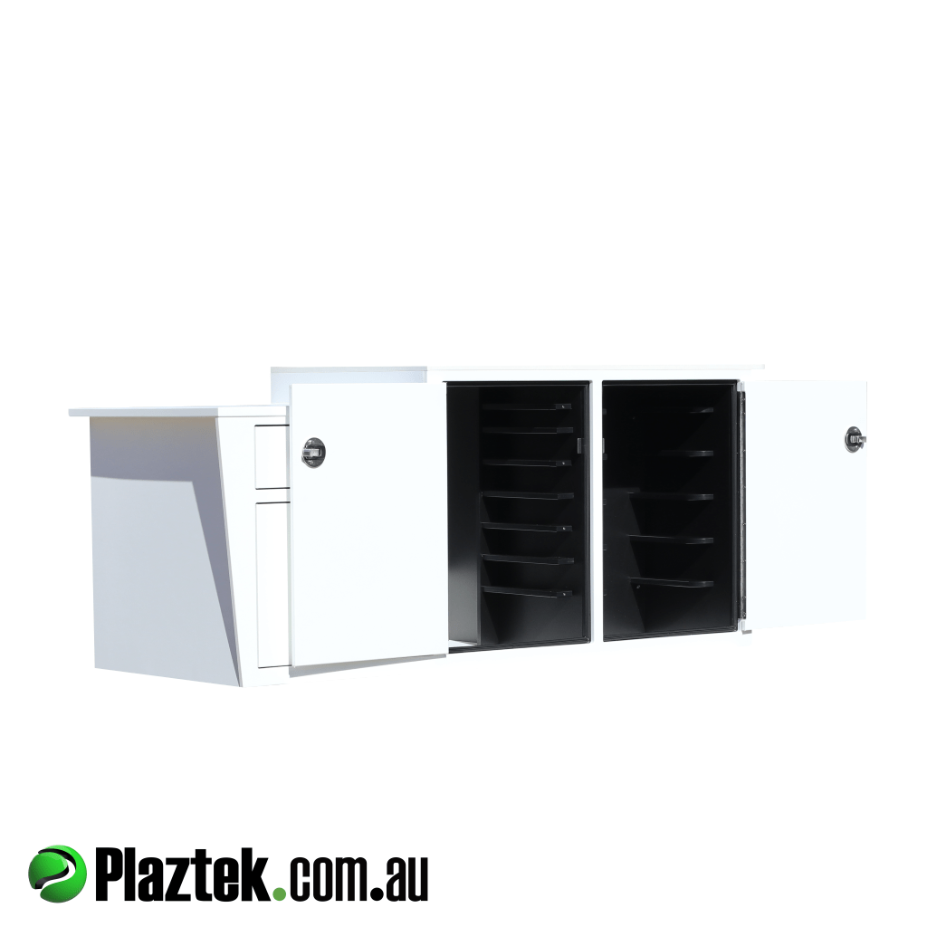 Boat Seat Box with two drawers and two banks side by side housing 14 Plano Edge tackle trays. Plaztek custom design and made in Australia.