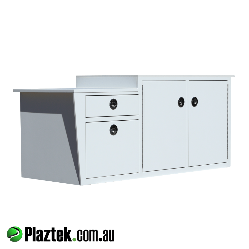 Boat Seat Box with custom rubbish bin behind the tackle tray banks. Made in Australia.