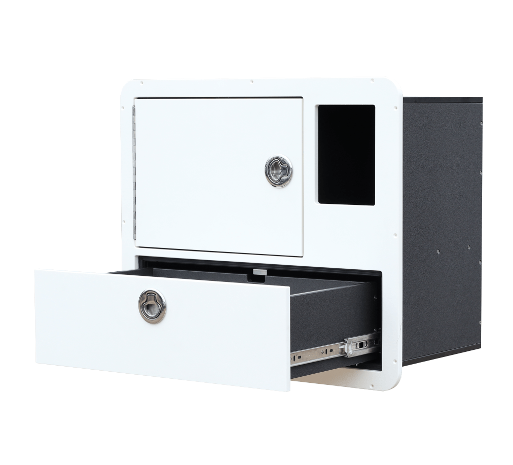 Plaztek boat insert with bottom drawer open using ball bearing slides and SS non-locking latches. Made in Australia.