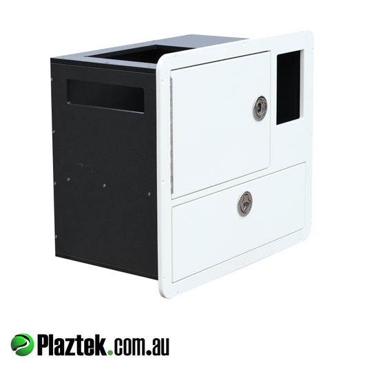 Boat cabinet with single drawer. Open void on right hand side  for stowing smaller items. Made in Australia