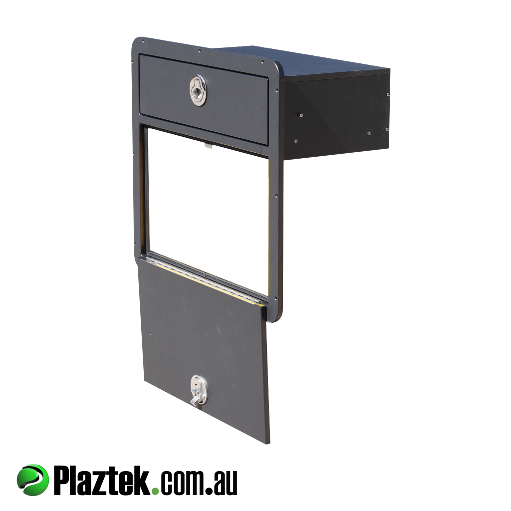 Plaztek single drawer with hatch combo. Hatch door open showing the 316 SS piano hinge along with the SS non locking latch. Custom made using King StarBoard in Australia.