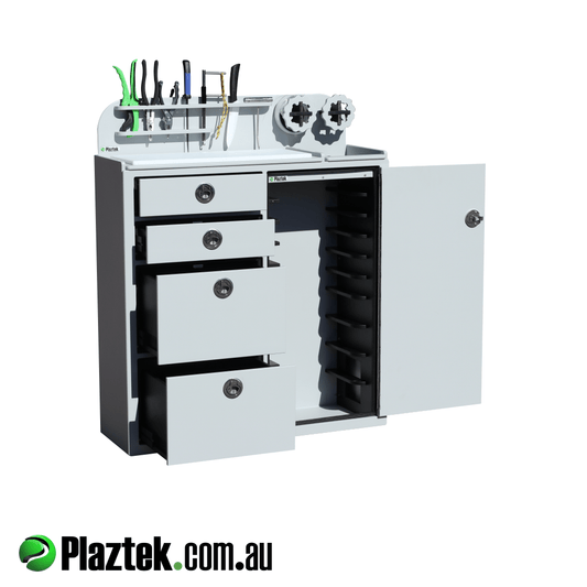 Plaztek Stand Alone Tackle Storage Cabinet will hold 4 large and 6 small Plano tackle trays. Made in Australia