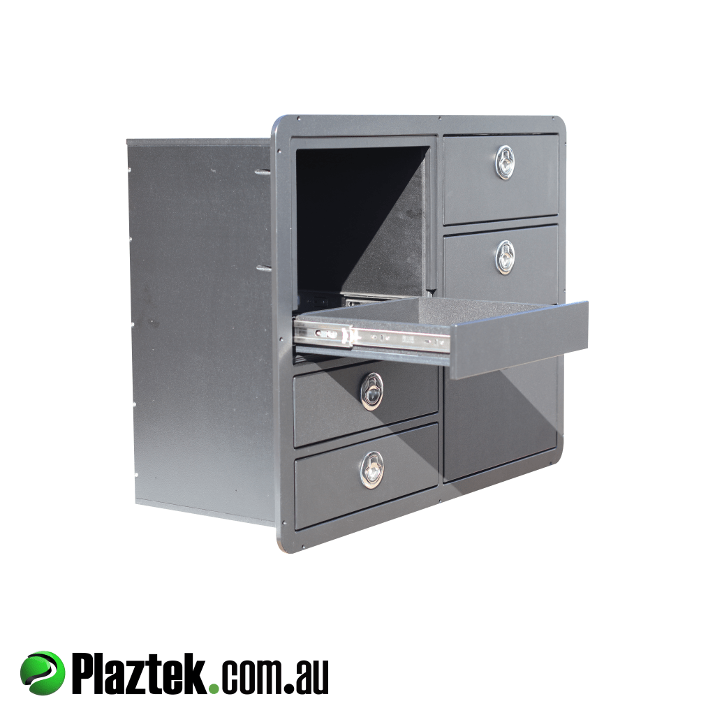 Boat Outfitting Coffee Machine Cabinet. 5 drawers and shown with the Coffee Machine drawer open and side view. King StarBoard is used. Made in Australia
