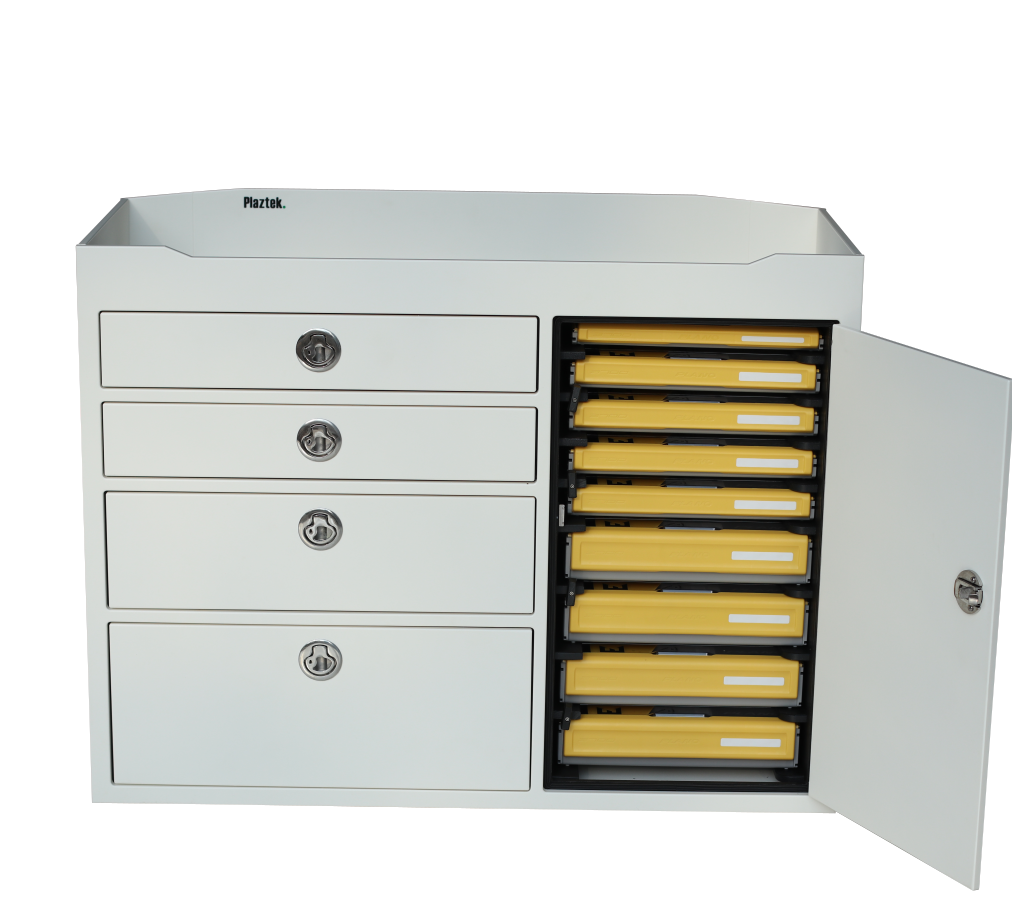 Boat Tackle Rigging Station, made from King StarBoard in Arctic White colour, designed to fit Plano Tackle Trays, pictured with the new Edge series Trays