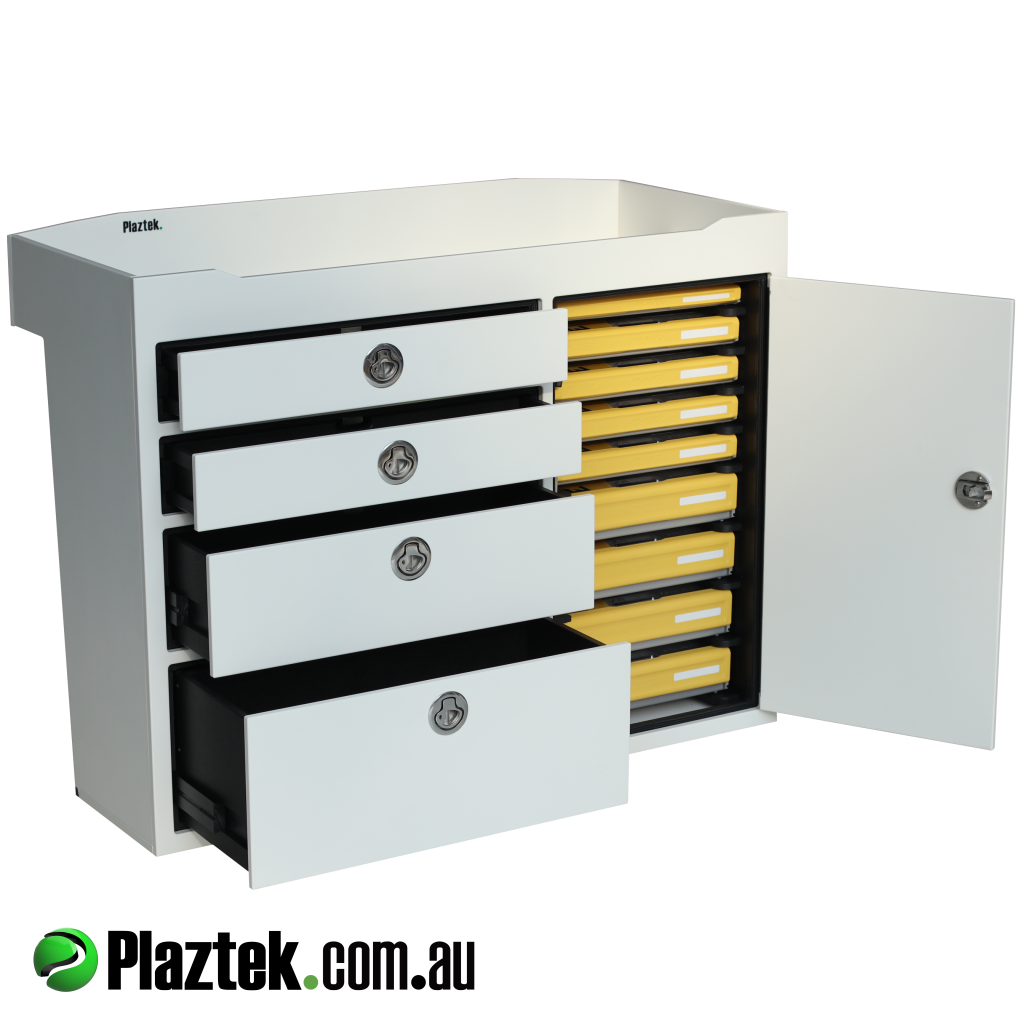 Boat Tackle rigging station by Plaztek, Plano tackle tray storage on right side a 4 drawers on the left side