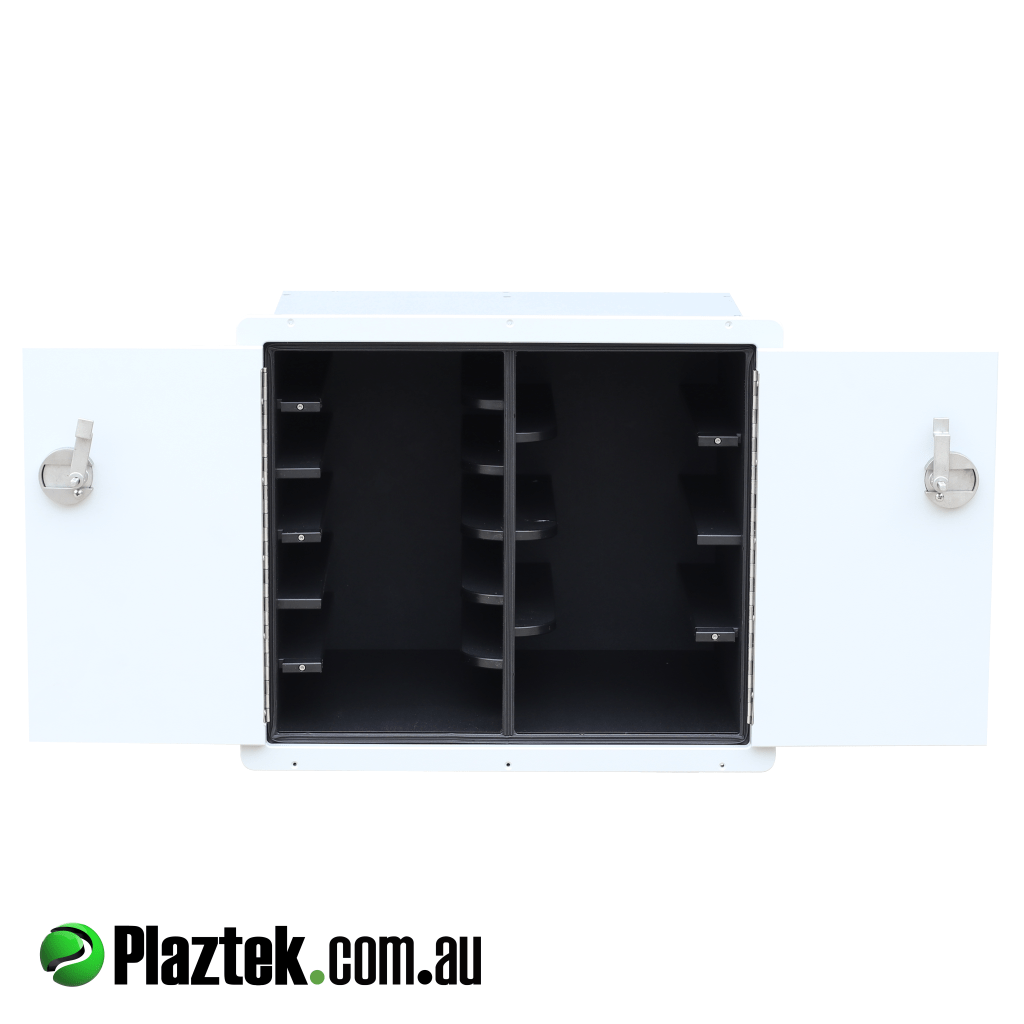 Custom storage needs with custom design. Doors open showing the tackle tray slides. Made in Australia.