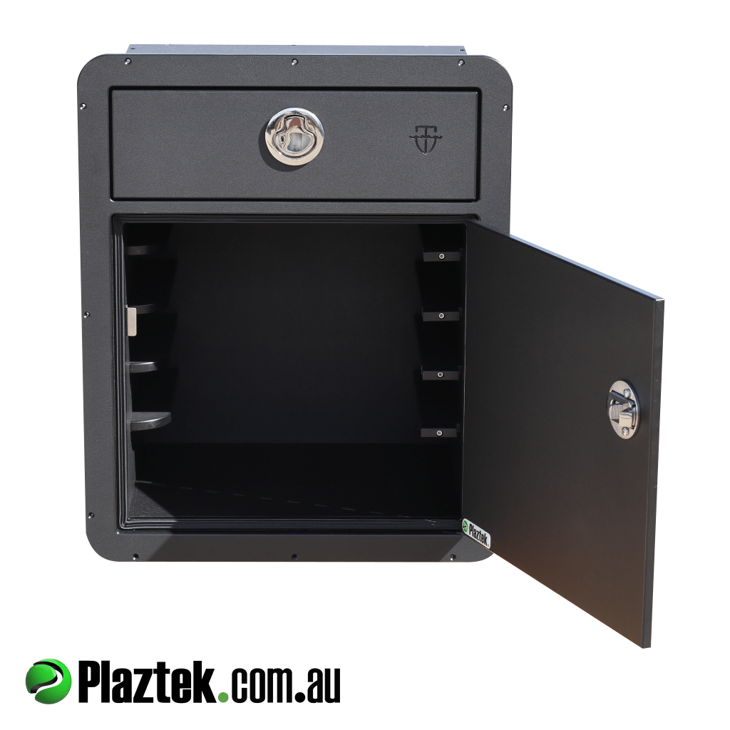 Boat tackle cabinet with door open showing the layout of the tackle trays. Door is hinging on the right hand side. Made in Australia 