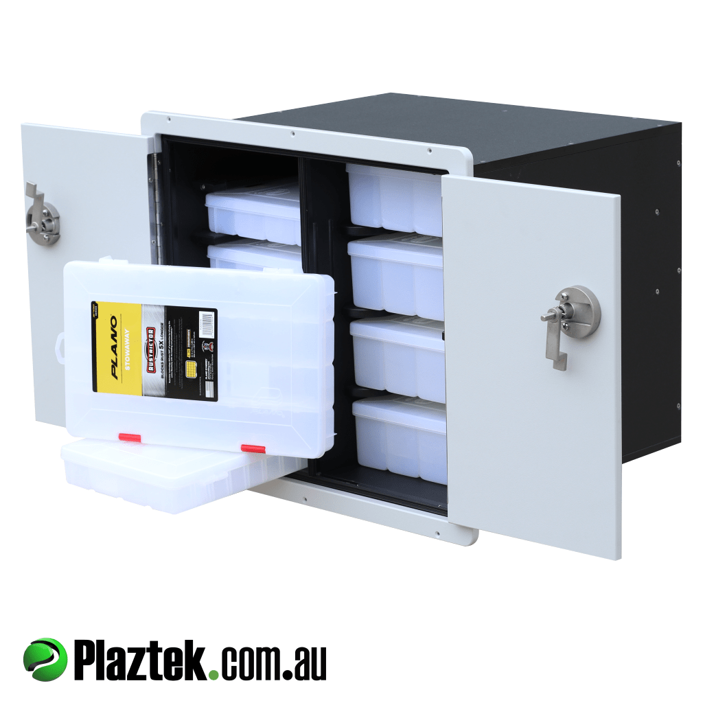 Plaztek tackle tray storage cabinet showing with Plano tackle trays and doors open. Made in Australia.