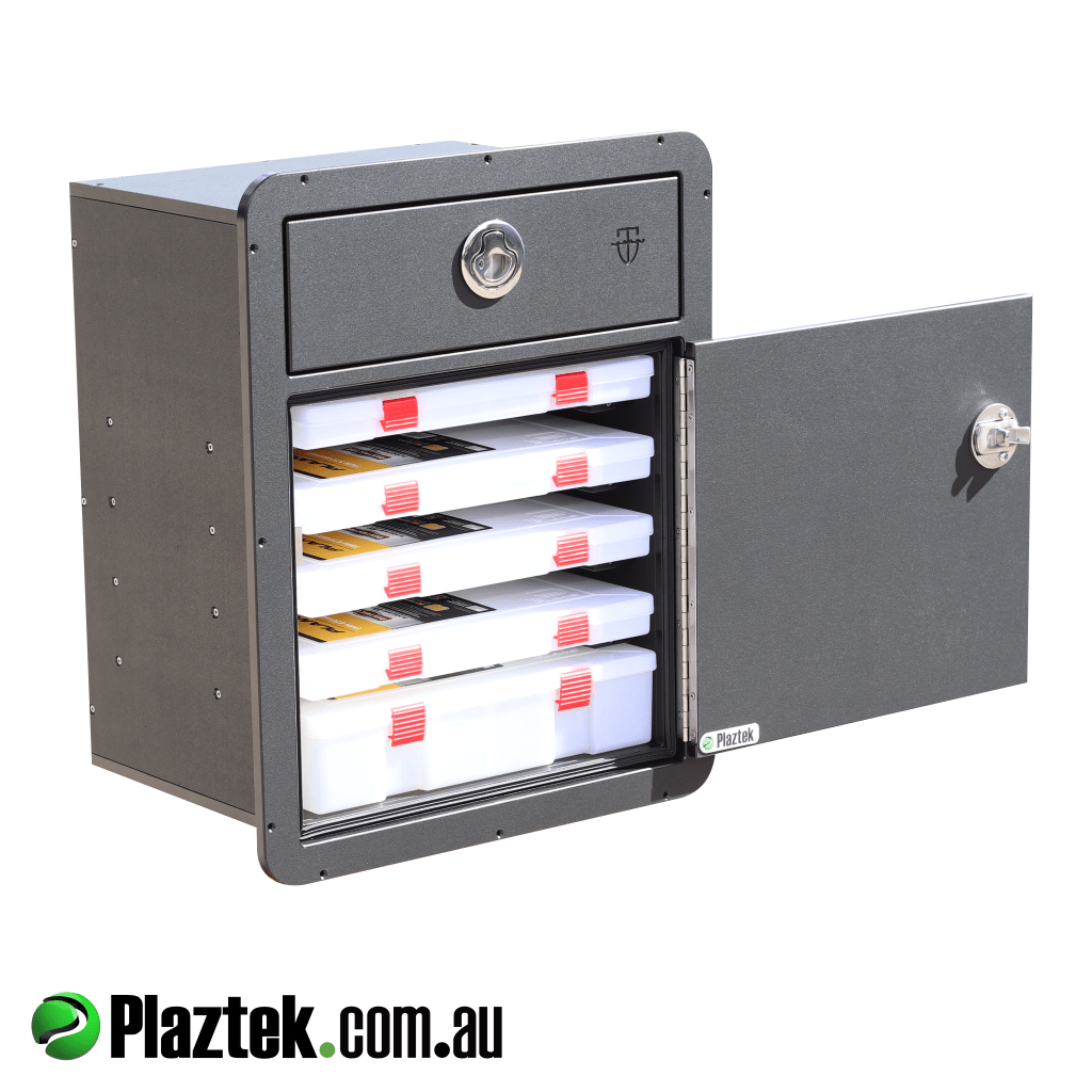 plaztek custom tackle tray and single drawer combo. Top drawer and tray door are fitted with SS locking latches. Showing the plano trays installed 1 x deep 4 x standard. Made in Australia.