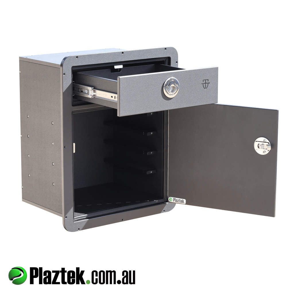 Boat tackle combo with top drawer open showing the ss ball bearing slides. This cabinet holds 1 deep and 4 standard Plano 3700 series trays. Made in black King StarBoard.